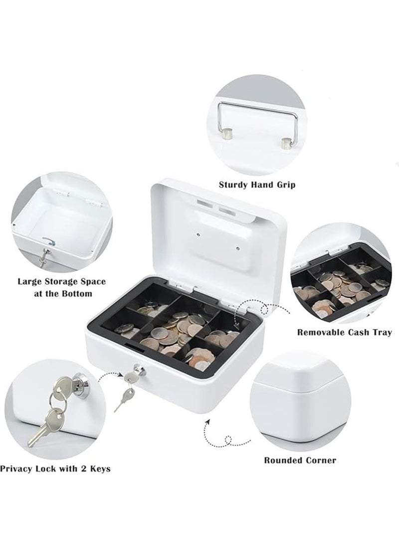 DUNISO صندوق نقد معدني بقفل مفتاح، صندوق تخزين نقدي محمول بغطاء قابل للقفل، منظم نقود مع أقسام، صندوق إدارة أمان للنقود والعملات (أبيض) - Image 4